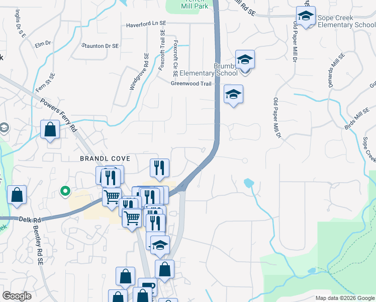 map of restaurants, bars, coffee shops, grocery stores, and more near 1027 Greyfield Drive in Marietta