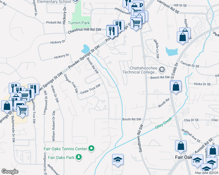 map of restaurants, bars, coffee shops, grocery stores, and more near 971 Brownstone Lane Southwest in Marietta