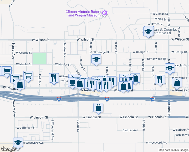 map of restaurants, bars, coffee shops, grocery stores, and more near 1949 West Williams Street in Banning