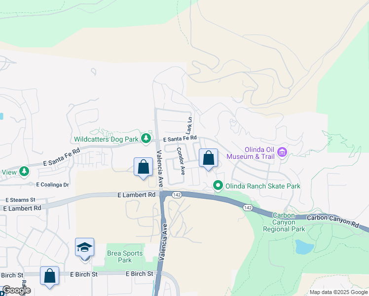 map of restaurants, bars, coffee shops, grocery stores, and more near 542 Condor Avenue in Brea