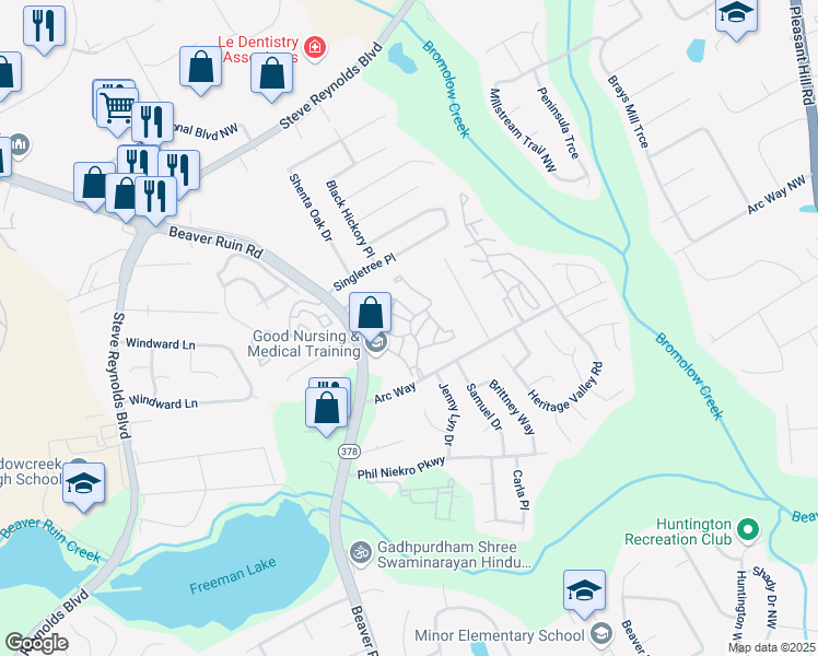 map of restaurants, bars, coffee shops, grocery stores, and more near Dunleaf Arc Way Northwest in Norcross