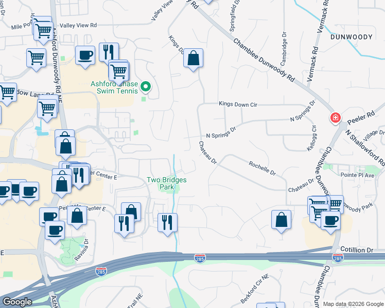 map of restaurants, bars, coffee shops, grocery stores, and more near 4505 Village Springs Pl in Dunwoody