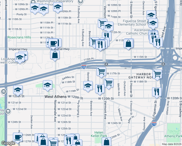 map of restaurants, bars, coffee shops, grocery stores, and more near 1060 West 117th Street in Los Angeles