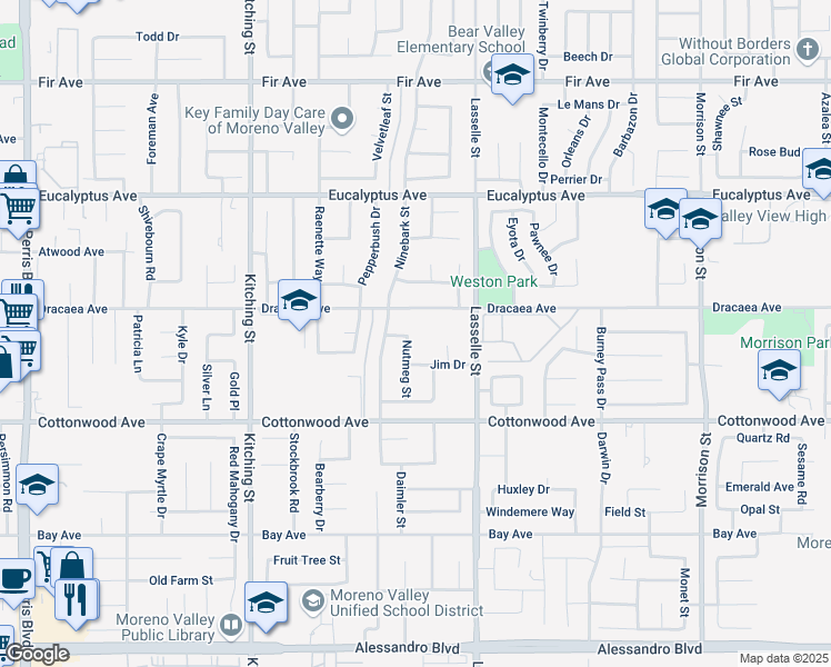 map of restaurants, bars, coffee shops, grocery stores, and more near 13288 Nutmeg Street in Moreno Valley