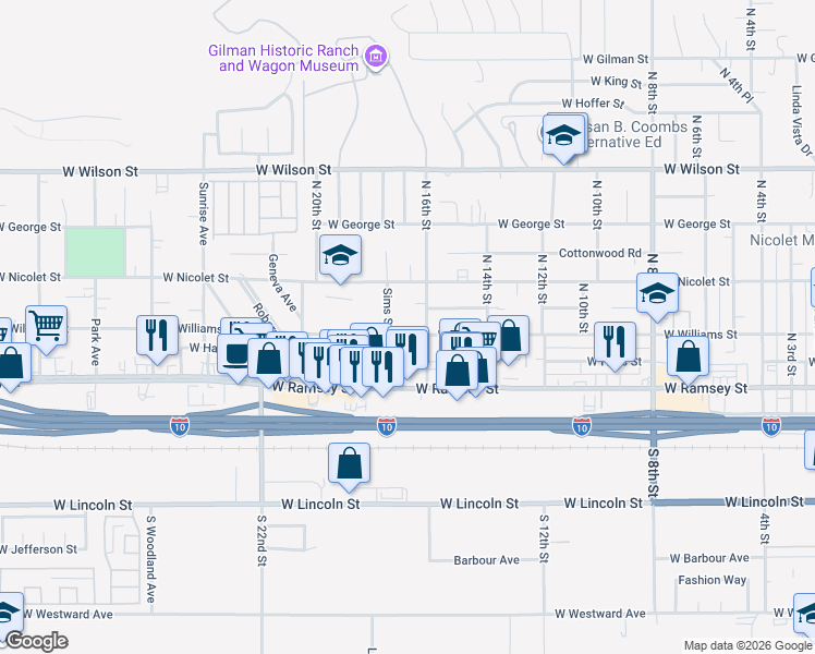 map of restaurants, bars, coffee shops, grocery stores, and more near 1675 West Williams Street in Banning