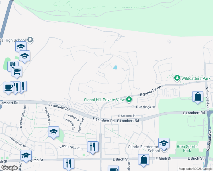 map of restaurants, bars, coffee shops, grocery stores, and more near 2697 East Ojai Drive in Brea