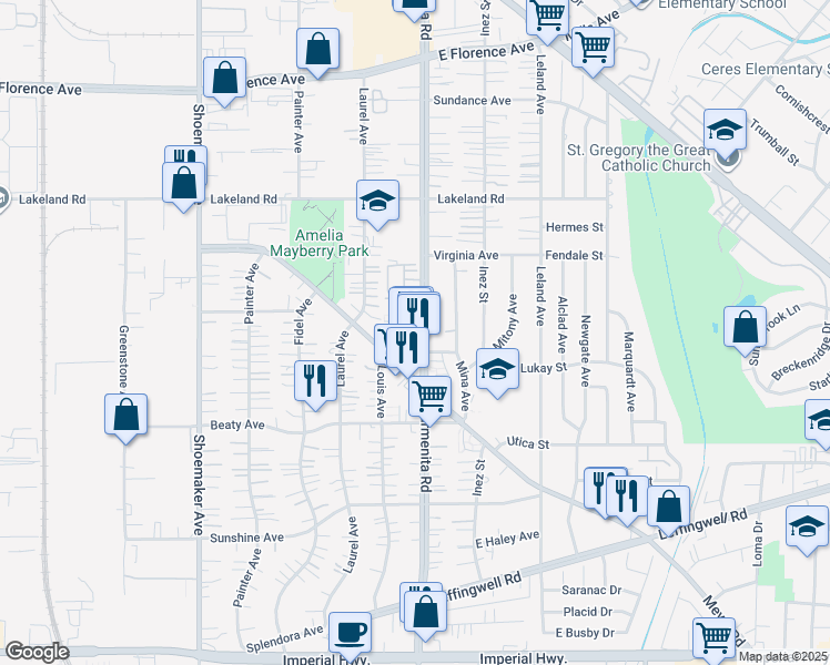 map of restaurants, bars, coffee shops, grocery stores, and more near 11511 Carmenita Road in Whittier