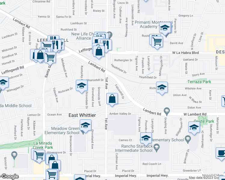 map of restaurants, bars, coffee shops, grocery stores, and more near 11547 Cullman Avenue in Whittier