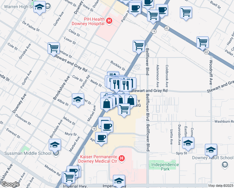 map of restaurants, bars, coffee shops, grocery stores, and more near 12006 Lakewood Boulevard in Downey