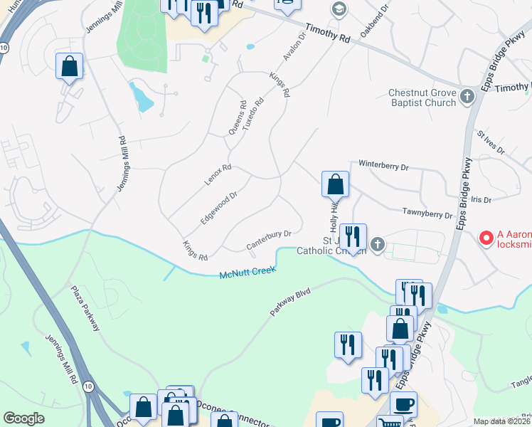 map of restaurants, bars, coffee shops, grocery stores, and more near 660 Kings Road in Athens
