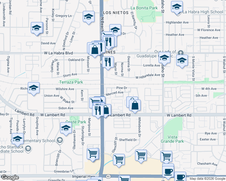map of restaurants, bars, coffee shops, grocery stores, and more near 530 Spruce Way in La Habra