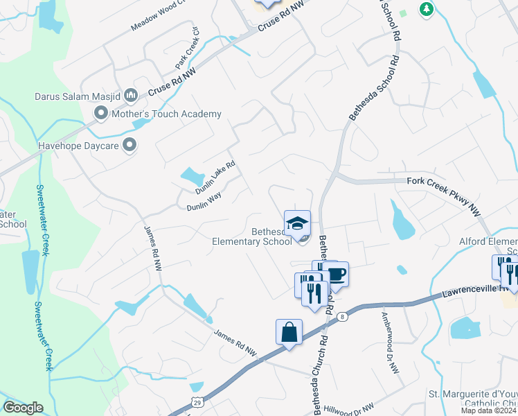 map of restaurants, bars, coffee shops, grocery stores, and more near 2895 Windwood Trail in Lawrenceville