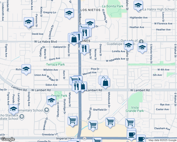 map of restaurants, bars, coffee shops, grocery stores, and more near 530 Spruce Way in La Habra