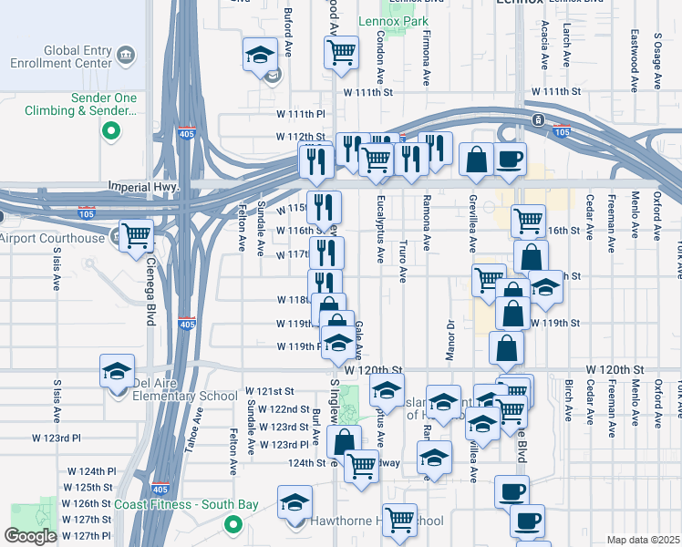 map of restaurants, bars, coffee shops, grocery stores, and more near 4760 West 118th Street in Hawthorne