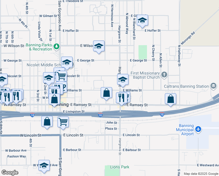 map of restaurants, bars, coffee shops, grocery stores, and more near 655 East Williams Street in Banning