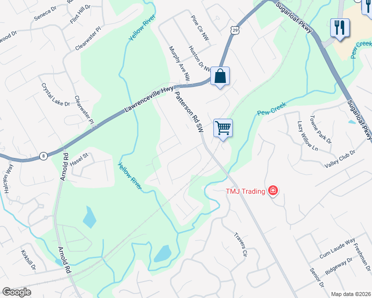 map of restaurants, bars, coffee shops, grocery stores, and more near 1879 Patterson Court in Lawrenceville