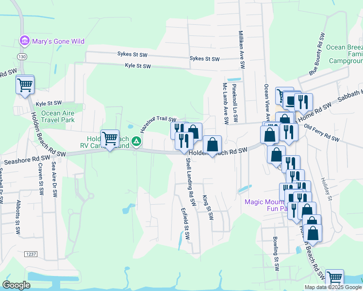 map of restaurants, bars, coffee shops, grocery stores, and more near 2980 Holden Beach Road in Brunswick County