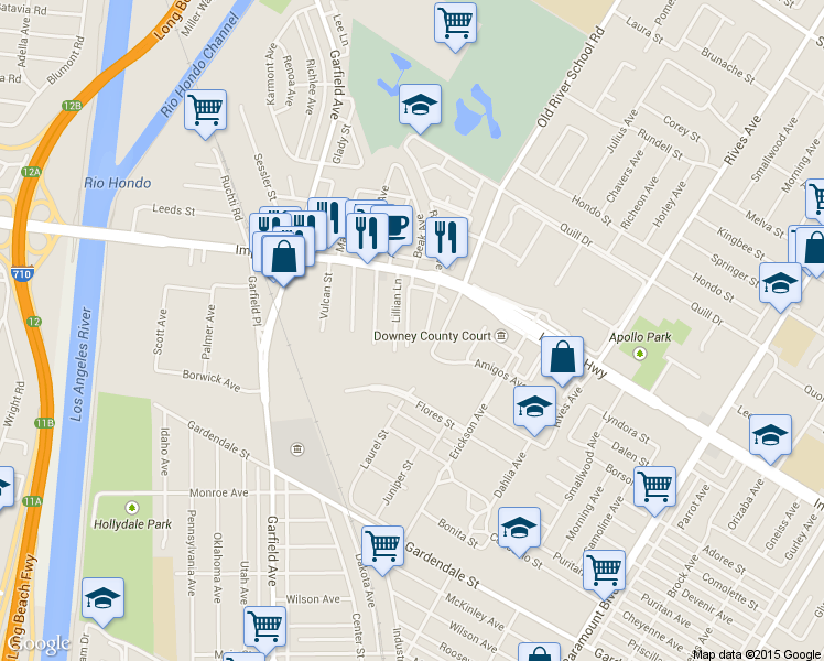 map of restaurants, bars, coffee shops, grocery stores, and more near 5950 Imperial Highway in South Gate