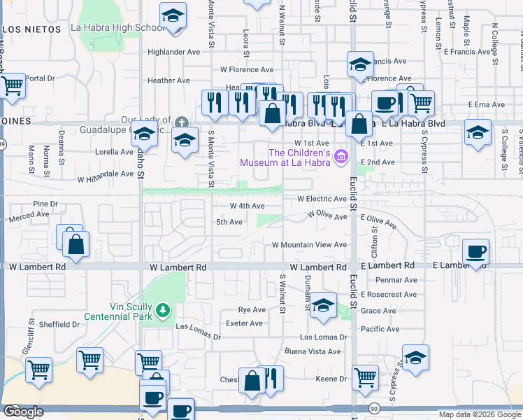 map of restaurants, bars, coffee shops, grocery stores, and more near 534 McFadden Street in La Habra