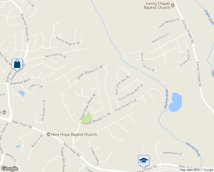 map of restaurants, bars, coffee shops, grocery stores, and more near 1533 Great Shoals Circle Southeast in Lawrenceville