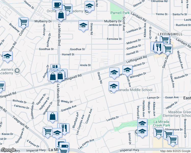 map of restaurants, bars, coffee shops, grocery stores, and more near 11609 Stamy Road in La Mirada