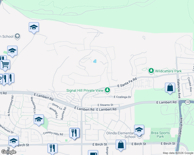 map of restaurants, bars, coffee shops, grocery stores, and more near 519 North Belridge Terrace in Brea