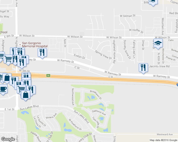 map of restaurants, bars, coffee shops, grocery stores, and more near 0 Grandview Avenue in Banning