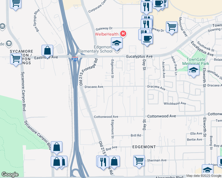 map of restaurants, bars, coffee shops, grocery stores, and more near 13293 Edgemont Street in Moreno Valley