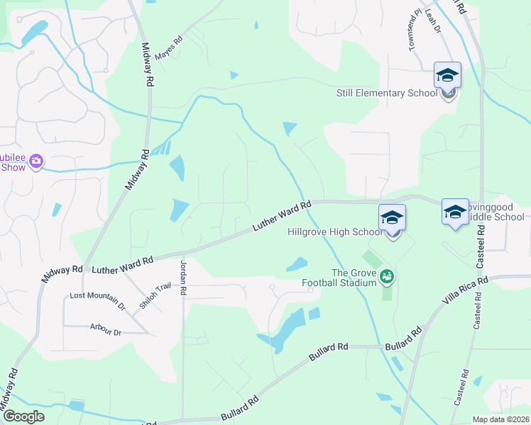 map of restaurants, bars, coffee shops, grocery stores, and more near 4250 Luther Ward Road in Powder Springs