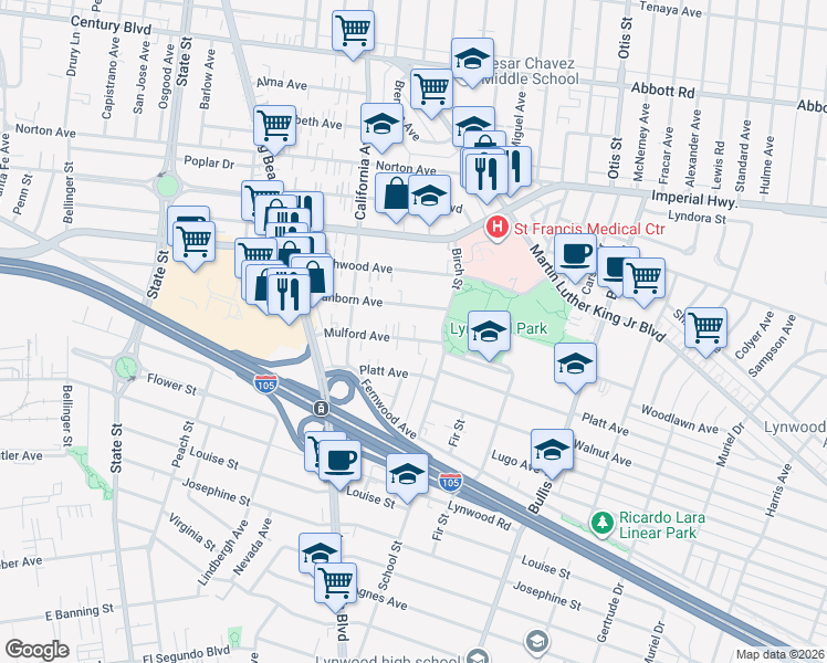 map of restaurants, bars, coffee shops, grocery stores, and more near 3569 Mulford Avenue in Lynwood