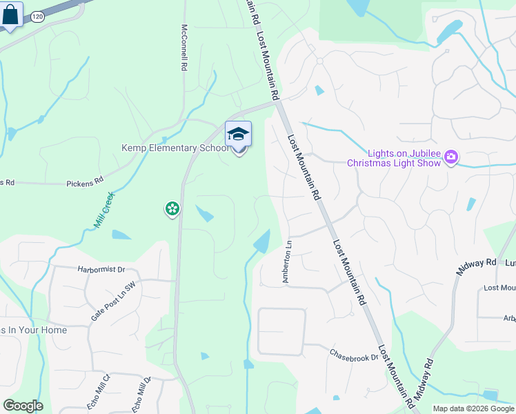 map of restaurants, bars, coffee shops, grocery stores, and more near 5053 Kingsbridge Pass in Powder Springs