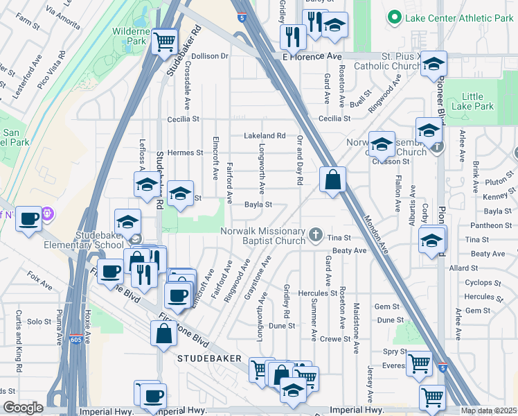 map of restaurants, bars, coffee shops, grocery stores, and more near 11250 Bayla Street in Norwalk
