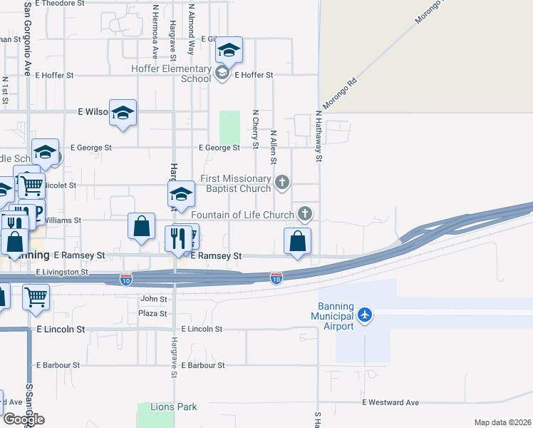 map of restaurants, bars, coffee shops, grocery stores, and more near 231 North Allen Street in Banning