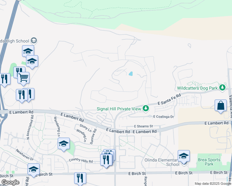 map of restaurants, bars, coffee shops, grocery stores, and more near 2598 East Temblor Ranch Drive in Brea