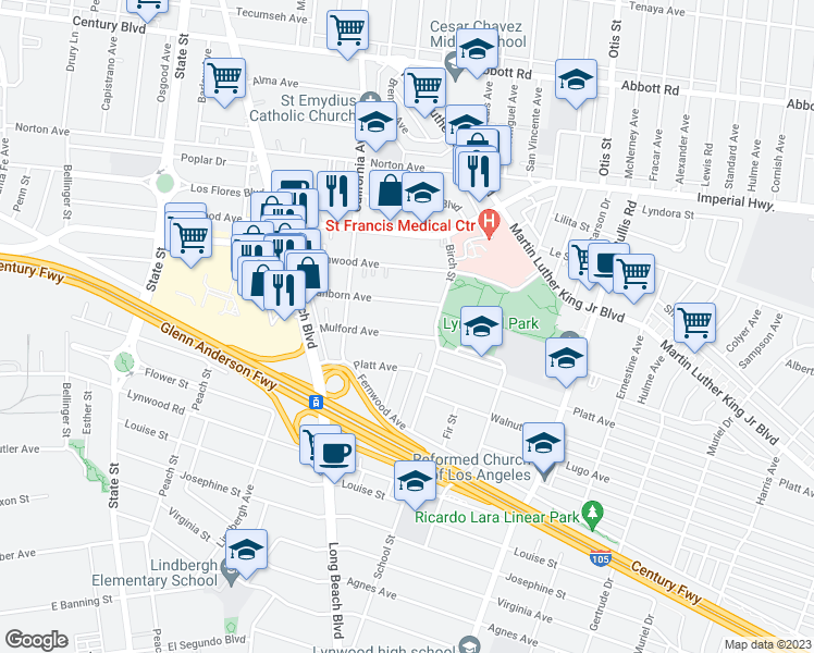 map of restaurants, bars, coffee shops, grocery stores, and more near 3569 Mulford Avenue in Lynwood