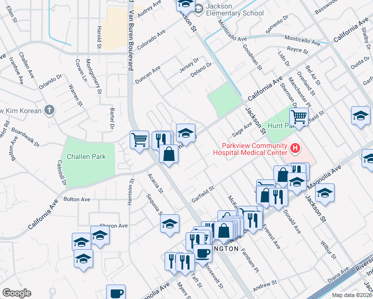 map of restaurants, bars, coffee shops, grocery stores, and more near 9390 California Avenue in Riverside