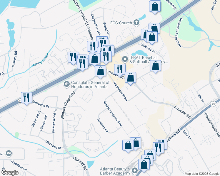 map of restaurants, bars, coffee shops, grocery stores, and more near 3009 Bankers Industrial Drive in Atlanta