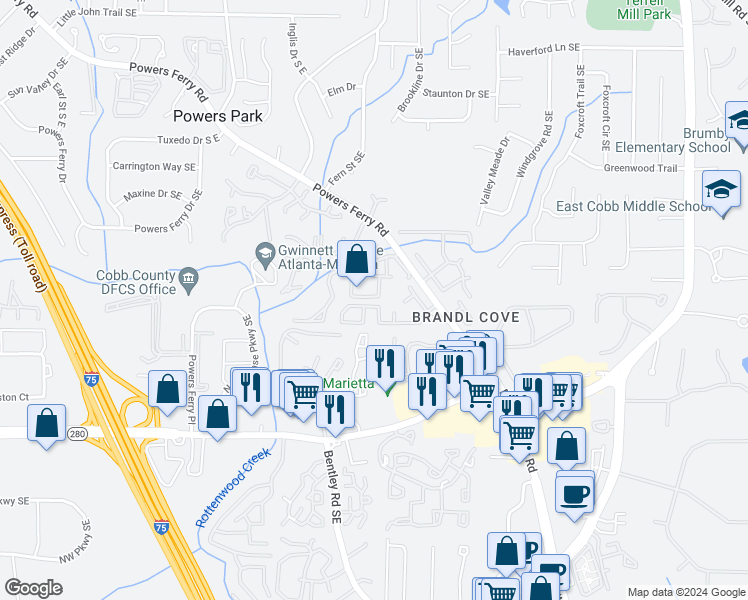 map of restaurants, bars, coffee shops, grocery stores, and more near 2695 Meadowlawn Drive in Marietta