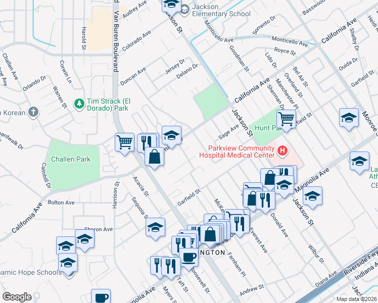 map of restaurants, bars, coffee shops, grocery stores, and more near 4150 Macarthur Road in Riverside
