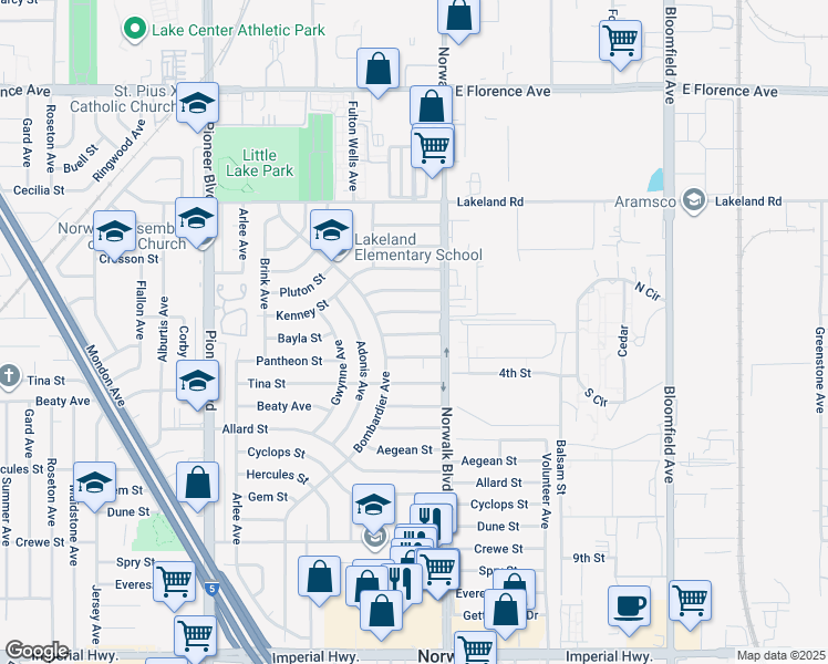 map of restaurants, bars, coffee shops, grocery stores, and more near 12123 Pantheon Street in Norwalk