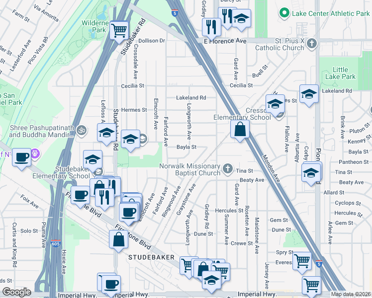 map of restaurants, bars, coffee shops, grocery stores, and more near 11237 Pantheon Street in Norwalk