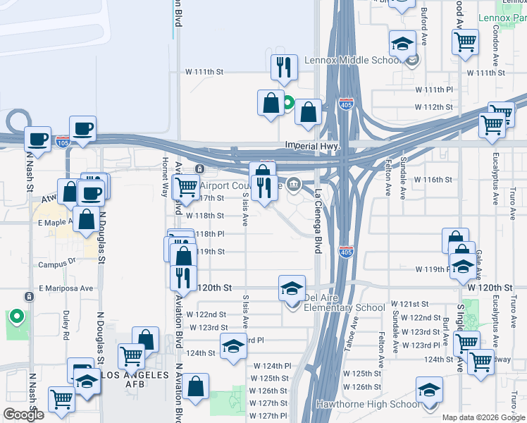 map of restaurants, bars, coffee shops, grocery stores, and more near 5354 West 118th Street in Inglewood