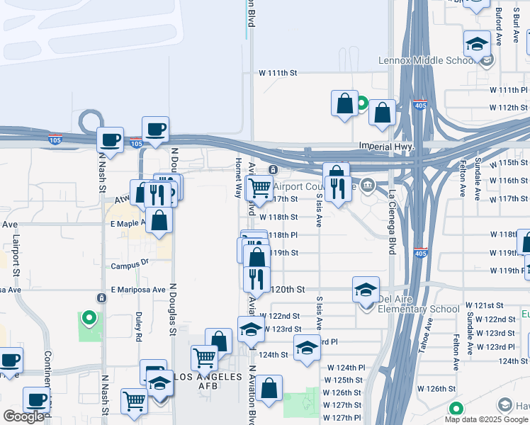 map of restaurants, bars, coffee shops, grocery stores, and more near 5510 West 118th Street in Inglewood