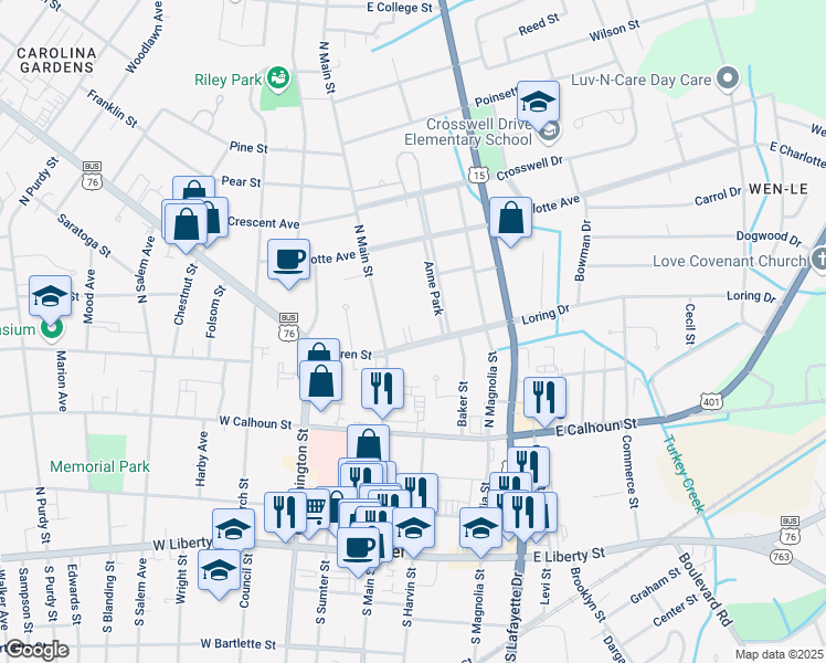 map of restaurants, bars, coffee shops, grocery stores, and more near 12 Loring Drive in Sumter