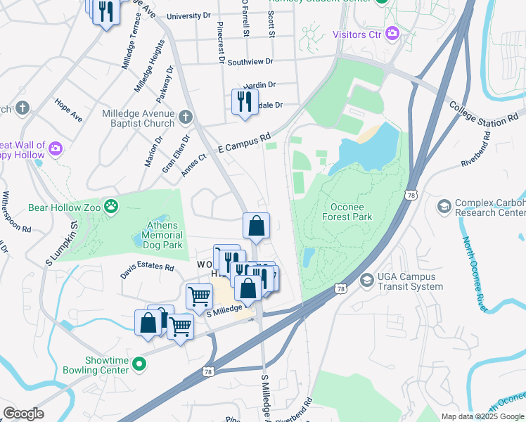map of restaurants, bars, coffee shops, grocery stores, and more near 210 Rogers Road in Athens