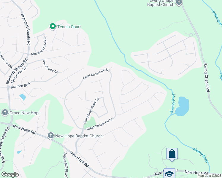 map of restaurants, bars, coffee shops, grocery stores, and more near 1533 Great Shoals Circle Southeast in Lawrenceville