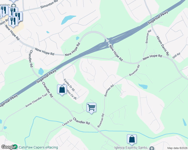 map of restaurants, bars, coffee shops, grocery stores, and more near 1414 Little Hampton Drive in Lawrenceville
