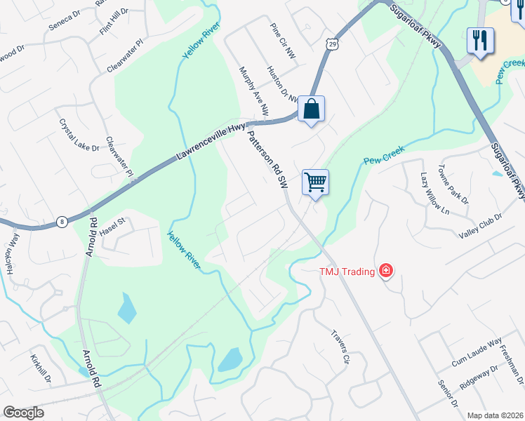 map of restaurants, bars, coffee shops, grocery stores, and more near 1879 Patterson Court in Lawrenceville