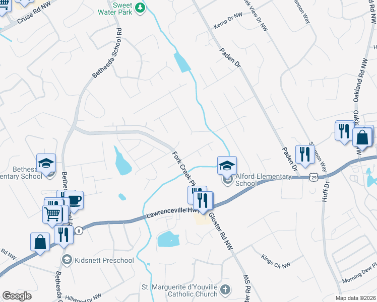 map of restaurants, bars, coffee shops, grocery stores, and more near 2665 Windstream Way Northwest in Lawrenceville