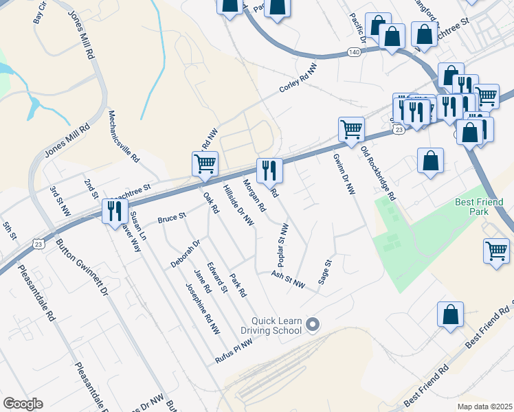 map of restaurants, bars, coffee shops, grocery stores, and more near 5942 Morgan Road in Atlanta